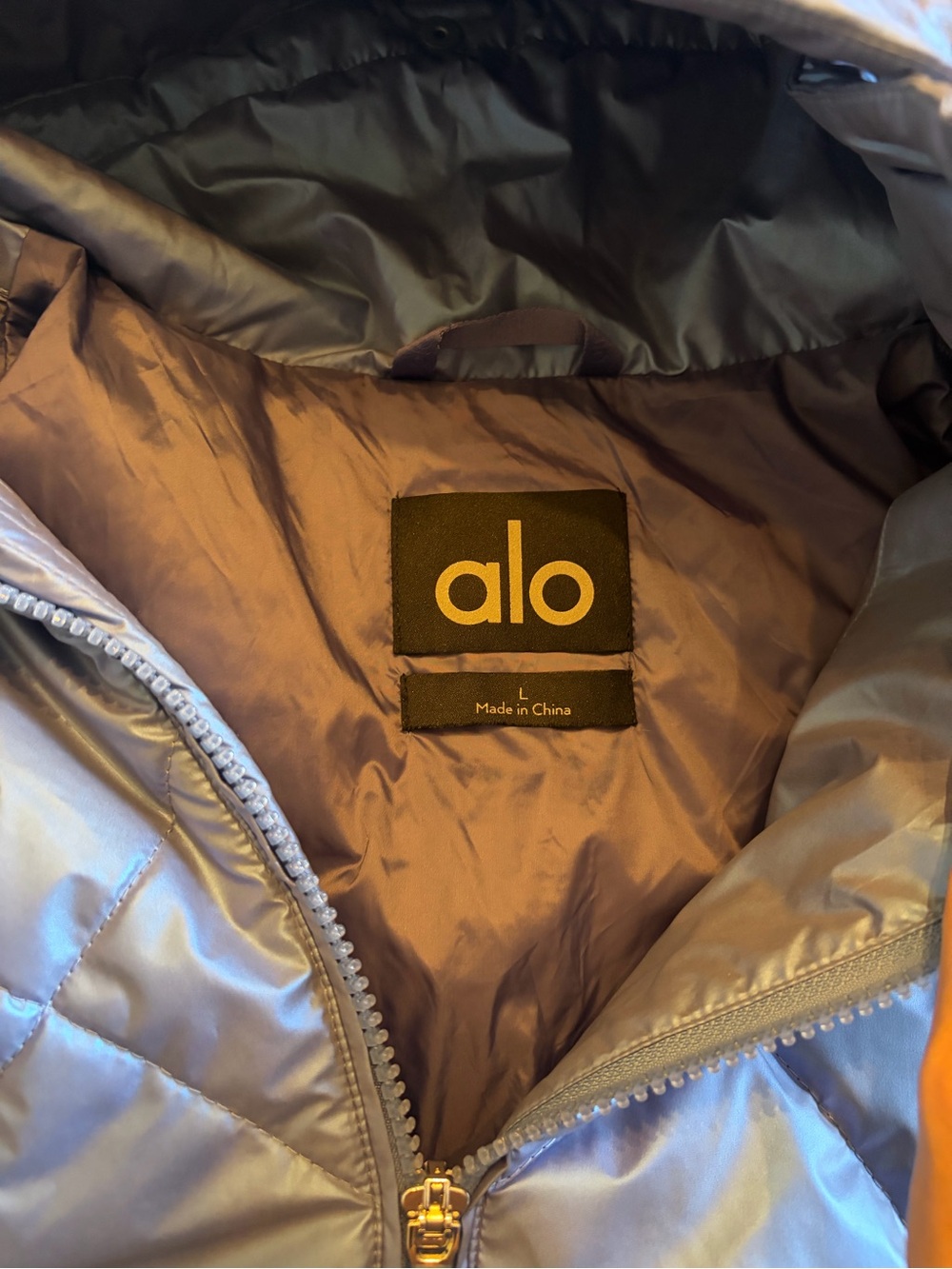 Alo Yoga Pearlized Pristine Stormy Puffer Jacket Blue Size L Cropped Hooded - Picture 6 of 8